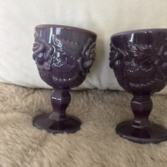 2 Purple Milk Glass Madonna Inn Pressed Glass Floral Goblets 5” Euc Roses (g10
