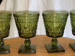Indiana Glass Colony Park Lane Avocado Green Set 4 Water Goblets Square Foot 5”