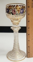 European Gilded Floral Painted Glass Wine Goblet Chalice Hocking Roemer