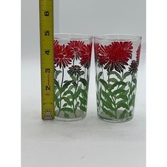 2 Vintage MCM Swanky Swig Red Poppy/Dahlia/Sunflower Green Florals juice glasses