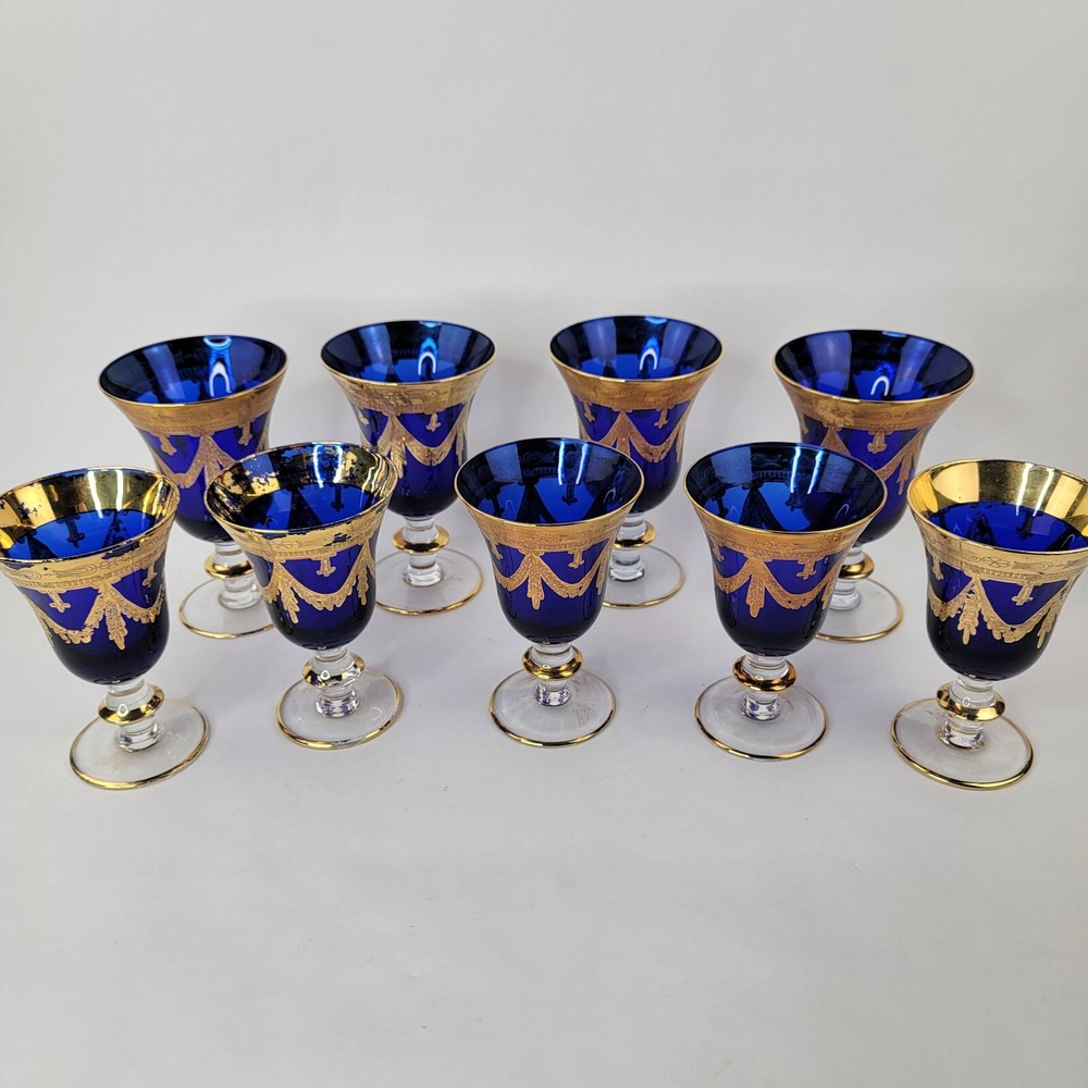 Interglass Italy | Cobalt Blue Italian Crystal Wine Glasses, 4 large and 5 Small