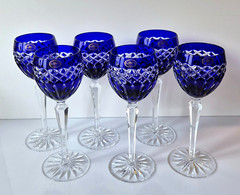 SIX AJKA CADESSIA COBALT BLUE CASED LEAD CRYSTAL WINE GLASSES, 8,5″, MARKED