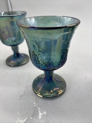 4 Vintage Indiana Glass Grape Harvest Iridescent Blue Carnival Goblets 5.5×3.5”