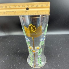Antique Enamel Painted Floral Glass Tumblers Cups Tulip Daisy Gold Rim Set 3 VTG