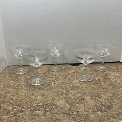 5 – Standard Glass Company Champagne Coupe Etched Dots & Lines Bulbous Stem