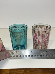 Two Vintage MCM Teal, Pink, Gold 6oz Embossed Juice Glass 4 Inch Moroccan