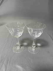 Set 2 Vintage Etched Glass Wine Goblets Floral Clear Stemware 5in #3