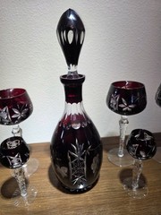 VTG Ruby Cut To Clear Crystal Decanter Wine Cordial Glass Set Bohemian Style MCM