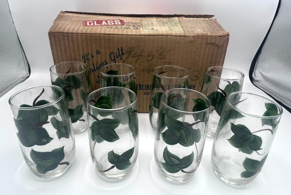 Antique or Vtg Sterling Glass Co. Green Ivy Vine Clear 5″ Drinking Glass Set 8