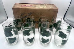 Antique or Vtg Sterling Glass Co. Green Ivy Vine Clear 5″ Drinking Glass Set 8
