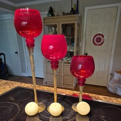 3 Venetian Red and Painted Gold long stem Glass Goblets/Candle Holders