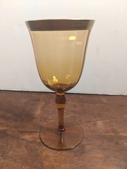 ANTIQUE Wine GOBLET Amber Colored Laurel Leaf Gold Rim 6oz 12 Bevel Vtg Glass