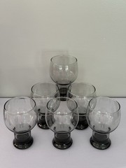 6 Vintage Federal Glass SUNDOWN Smoke Gray Pedestal Goblets, Retro Barware 1960s