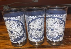 Currier & Ives Blue and White 8oz Glasses Old Farm Gate – Set of 3- 4.75 Tall