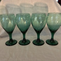 Vintage Set Of 4 Libbey Glass Juniper Green Teardrop Water Wine Goblets Gold Rim