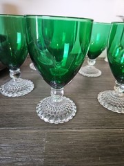 6 VTG Anchor Hocking Forest Green Clear Bubble Footed Water/Wine Goblet Glasses