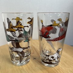 Vintage 1950s MCM Hazel Atlas Glass 2pcSet Hunting Dog Pheasant Duck Cabin Decor