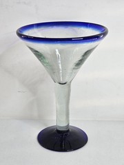 Aztecas Design Mexican Hand Blown Blue Rim Martini Margarita Cocktail Glass Copa