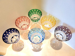 FABERGE XENIA MULTICOLOR CUT TO CLEAR WINE GLASSES GOBLETS 8.25″ SET OF 6