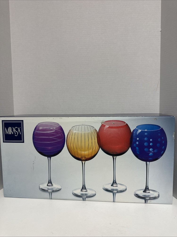 Mikasa France Large Balloon Goblet 9″ Wine Glass Water 4 Stem Set Cheers Mix HTF