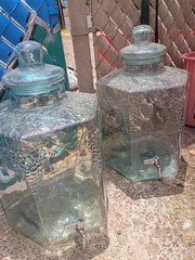 2 Vintage SVE green glass grape pattern 5 gal Hexagon beverage Jar w/Lid/Spigot