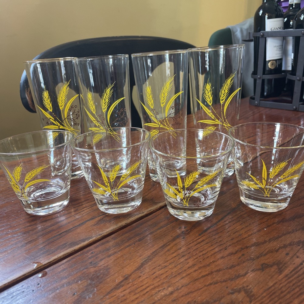 Vintage Autum Gold Wheat Decal Glasses. Lot Of 8