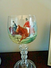 Antique Continental Bohemian Enameled Painted HORSE RACING GOBLET Beehive Stem