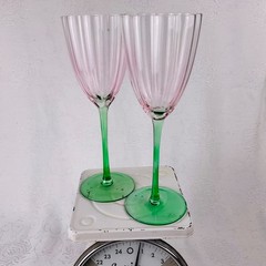 2 Vintage Glass Pink Green Flower Shape Wine Glasses5” Tall x 3 1/8” Beautiful!