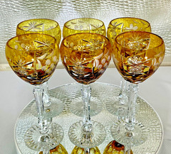 Cut to Clear Glass Crystal 8” Set of 6 Nachtmann Amber Yellow Hock Wine Glasses.