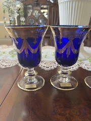 Set Of (4) Horchow Italian Glass Cobalt Blue & Gold Stemware