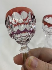 Pair Of Bohemian Crystal Cut To Clear Ruby Red And Amethyst Purple Cordial Glass