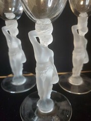 3 Rare VTG Bacchus Bayel France Crystal Wine Frosted Male Nude Stem + Bonus DVZ