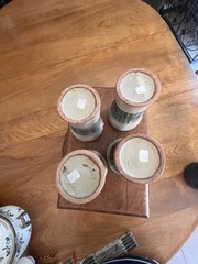 Vintage 4 Stoneware UCTCI Pottery Tumblers 3-D Baby Face Made in Japan 5″ tall