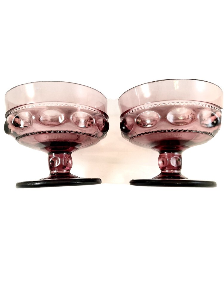 Set of 2 Indiana Kings Crown Amethyst Sherbet Dish Purple Tiffin Plum Purple Vtg