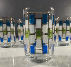Libbey Glass Nordic 10 oz Flat Tumbler Blue Green & White Gold Trim Set of 4 VTG