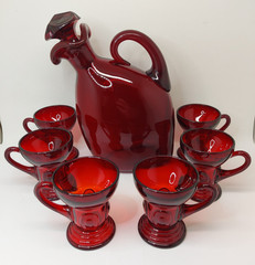 NEW MARTINSVILLE RADIANCE RUBY RED DEPRESSION GLASS Scotch Decanter & 6 Glasses