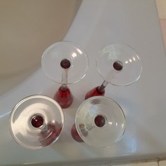 Vintage Bohemia Ruby Red Etched Grapes Set of 4 After Dinner Coctail 7.1″ tall