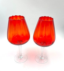 2 VTG Red / Orange Empoli Italian Glass Ribbed Optic Wine Goblet Swirl Stem MCM