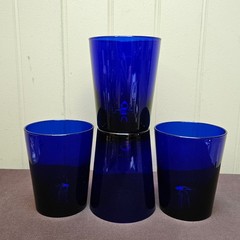 4 Libbey Solid Cobalt Blue Glass Flair Flat Base Lowball Whiskey Glasses