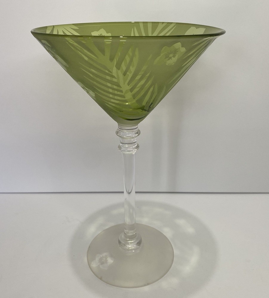Michael Weems TROPIC Green Martini Glass 8.75” Frosted Palm Leaves Discontinued