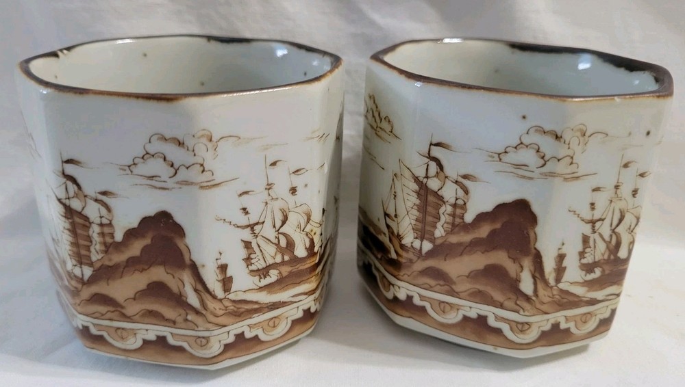 Octagonal Tea Cups Ship Scene Andrea by Sadek Brown Beige Set of 2 Japan