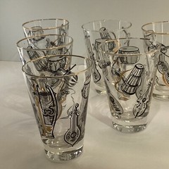Six Libby glasses musical instruments black/white gold rim MCM retro Barware