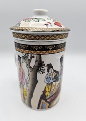 Handled 10 ounce Chinese Ceramic Tea Cup Infuser Strainer With Lid Excellent Art