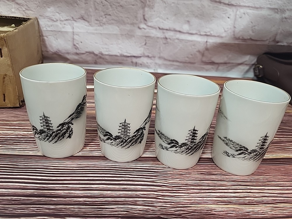 4 Fukagawa Arita Landscape #903 Small Tumbler Glasses 3.75 in New Old Stk Lot3