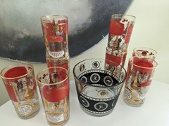 Vintage Jeannette Glasses, Lot of 9, Gold & Red Cocktail Recipe Barware MCM