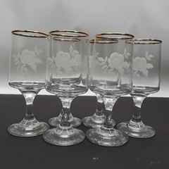 Vintage Gold Rim Stemmed Cordial Glasses Applied Roses EUC