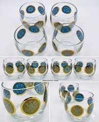 Mid Century Modern Gold Starburst Blue Rocks Glasses Set 4 Roly Poly Barware 2