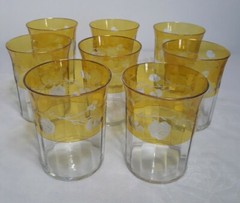 8 Pc.Beautiful Yellow CutTo Clear Etched Floral Thin Gold Gilt 8oz.Glasses