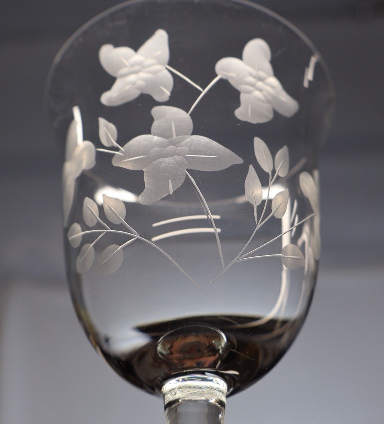 6 Vintage Etched Crystal Clear Industries Dahlia Blown Glass Wine Glasses MCM