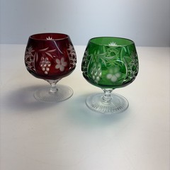 Vintage Ajka Cut to Clear 24% Lead Crystal Brandy Snifters Ruby Red Green Pair